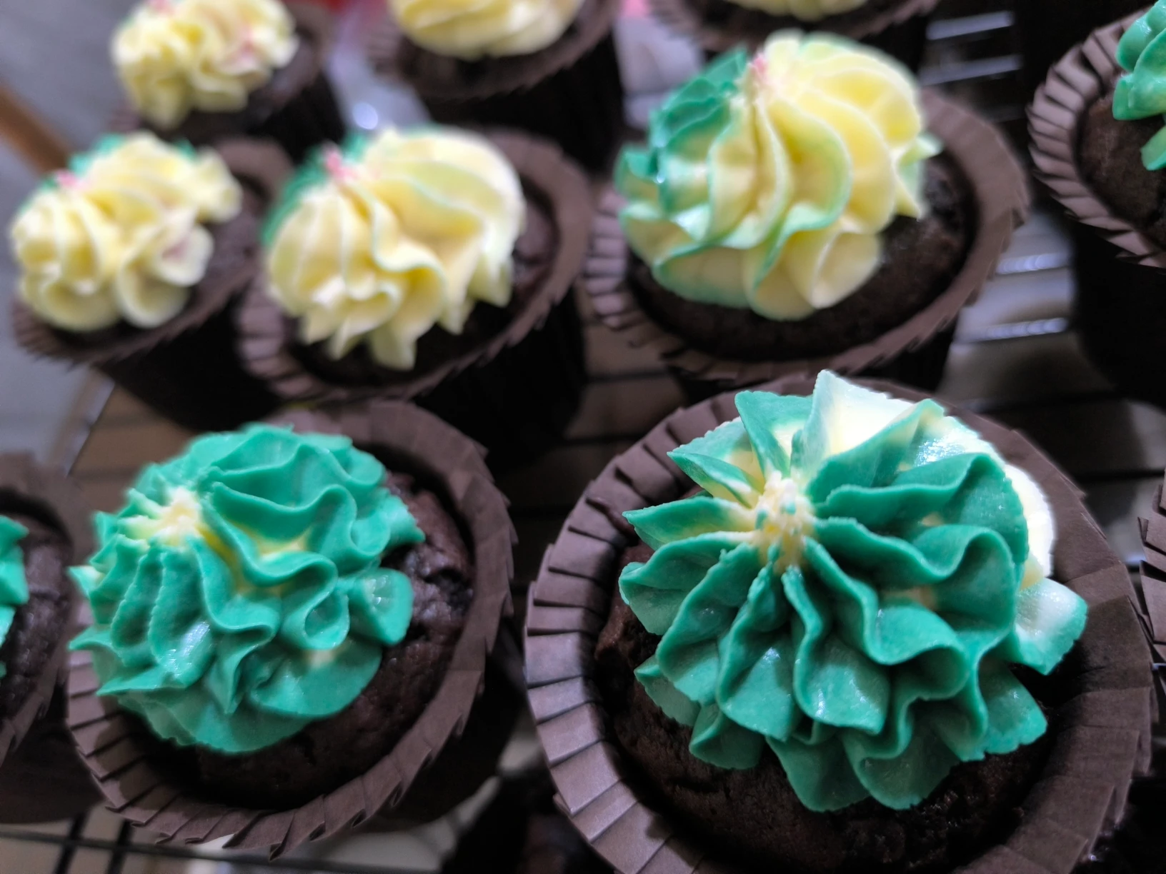 Moist Chocolate Cupcake with American Frosting, Designed with Gradient Greens and Purples for a Birthday Party