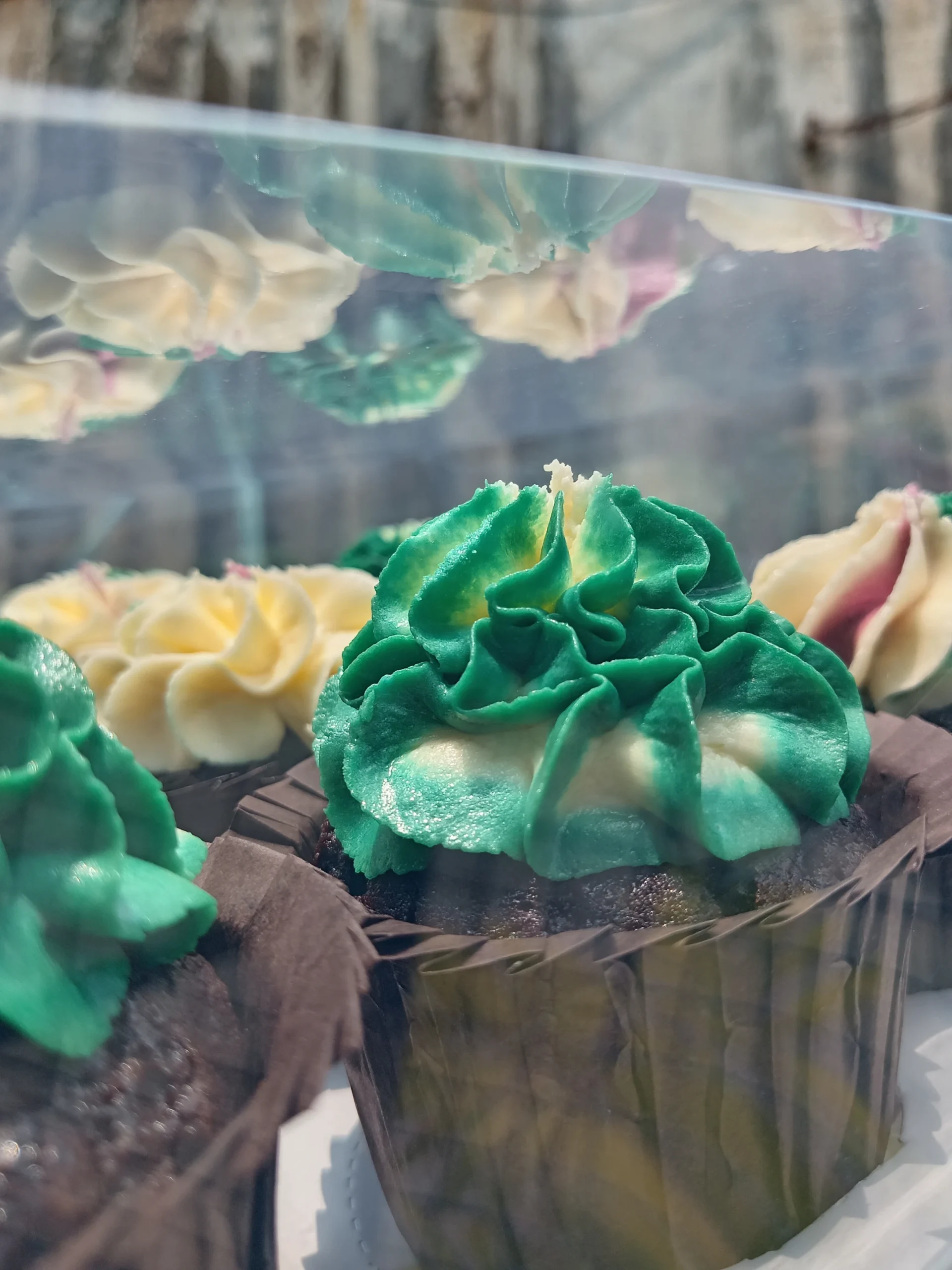 Moist Chocolate Cupcake with American Frosting, Designed with Gradient Greens and Purples