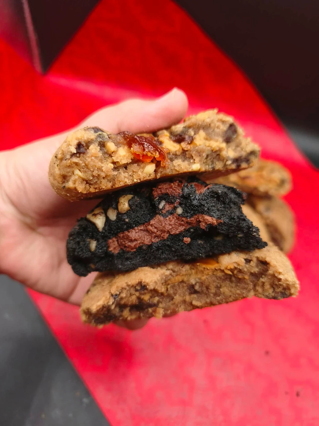 Stack of New York Style (NYC Style) Cookies, Black Cocoa, Peanut Butter and Jam, Hazelnut Cookie Flavor
